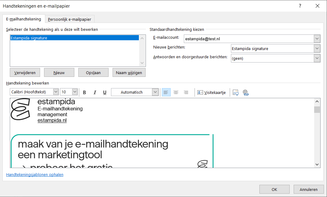 Outlook Office 365 e-mailhandtekening instellen resultaat