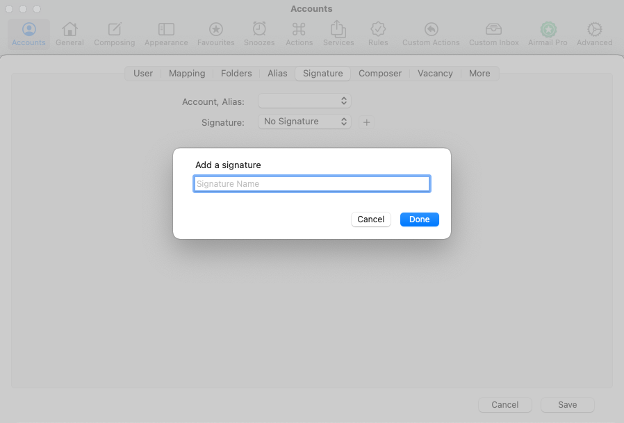 Airmail macOS nieuwe e-mailhandtekening toevoegen