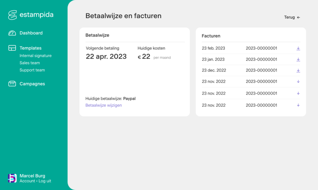 Betaalwijze wijzigen en facturen downloaden in Estampida